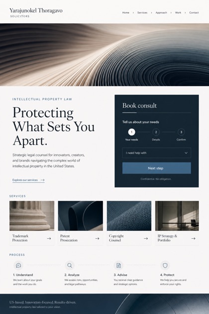 Legal website design for United States, showing a clear opening, service information, supporting content, and a focused inquiry action.