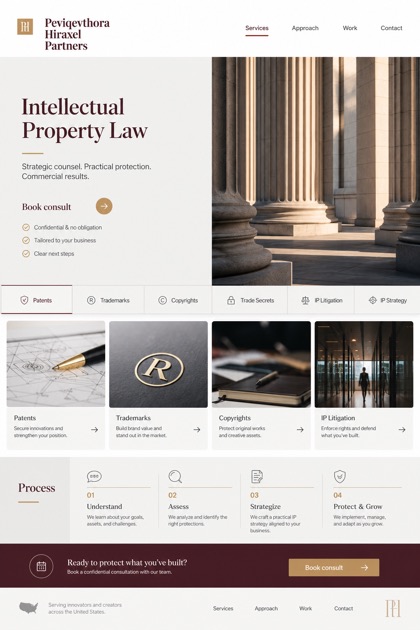 Legal website design for United States, showing a clear opening, service information, supporting content, and a focused inquiry action.