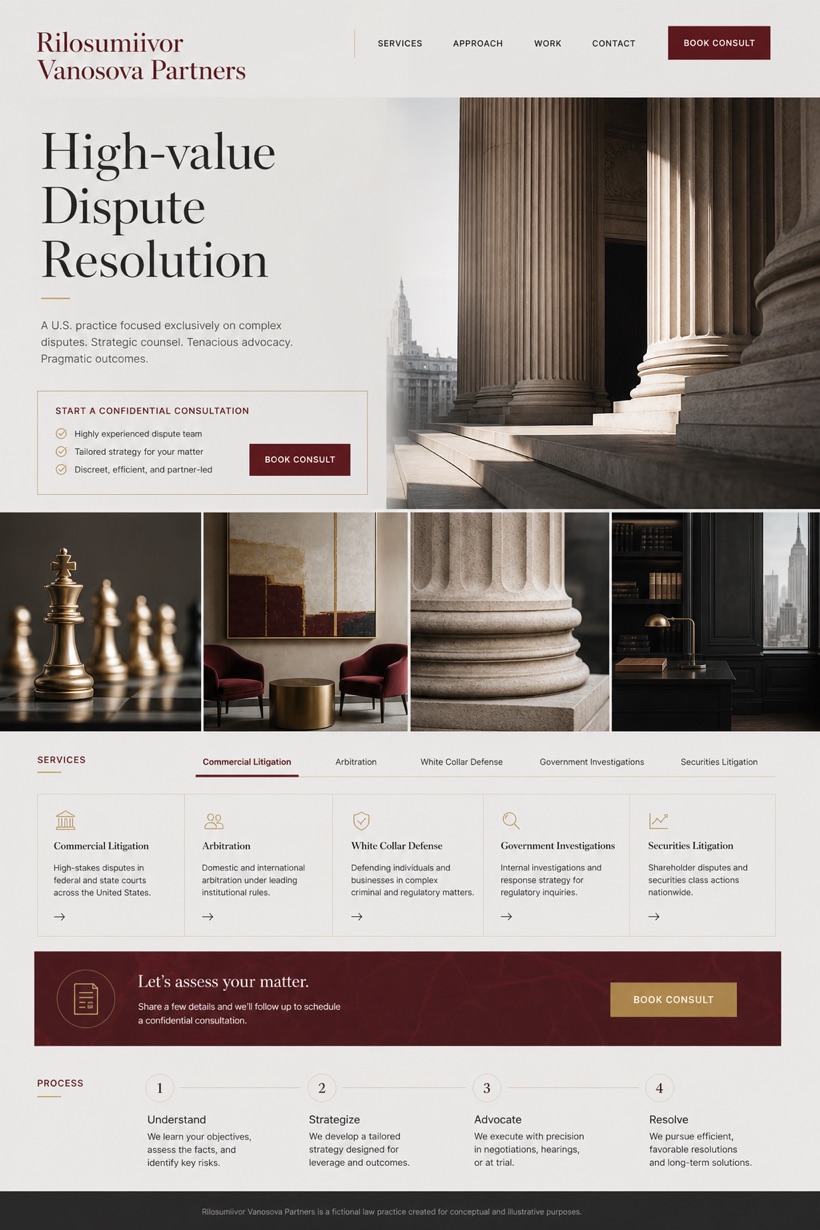 Legal website design for United States, showing a clear opening, service information, supporting content, and a focused inquiry action.