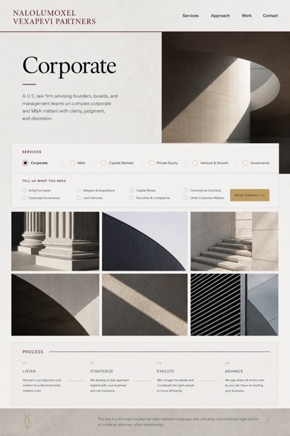 Legal website design for United States, showing a clear opening, service information, supporting content, and a focused inquiry action.