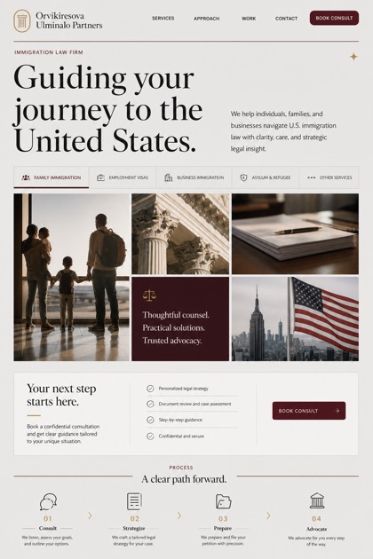 Legal website design for United States, showing a clear opening, service information, supporting content, and a focused inquiry action.