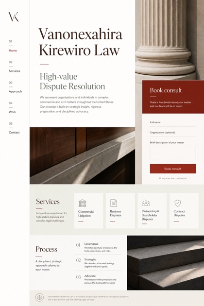 Legal website design for United States, showing a clear opening, service information, supporting content, and a focused inquiry action.
