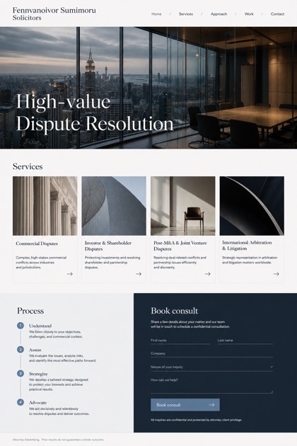 Legal website design for United States, showing a clear opening, service information, supporting content, and a focused inquiry action.