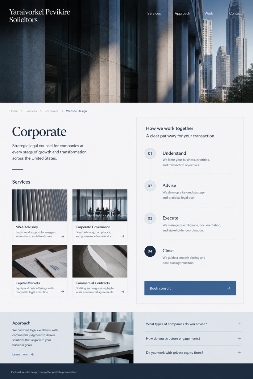 Legal website design for United States, showing a clear opening, service information, supporting content, and a focused inquiry action.