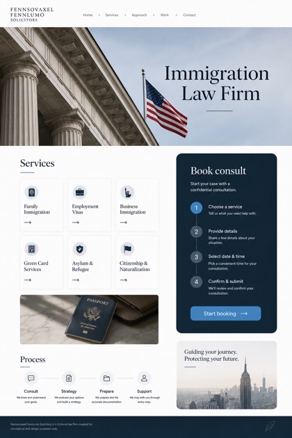 Legal website design for United States, showing a clear opening, service information, supporting content, and a focused inquiry action.