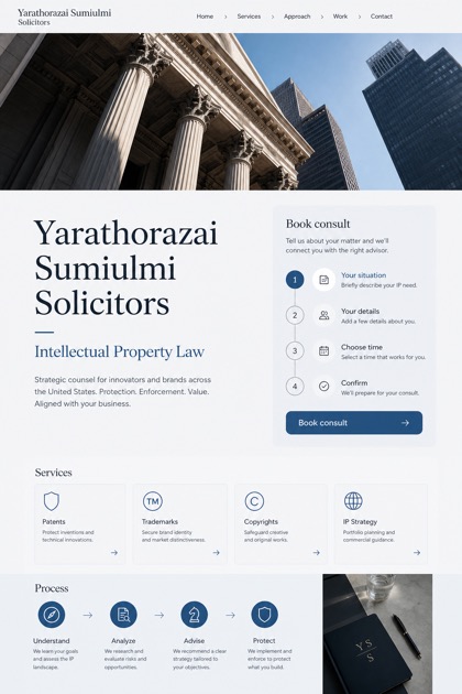 Legal website design for United States, showing a clear opening, service information, supporting content, and a focused inquiry action.
