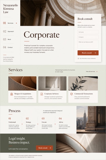 Legal website design for United States, showing a clear opening, service information, supporting content, and a focused inquiry action.