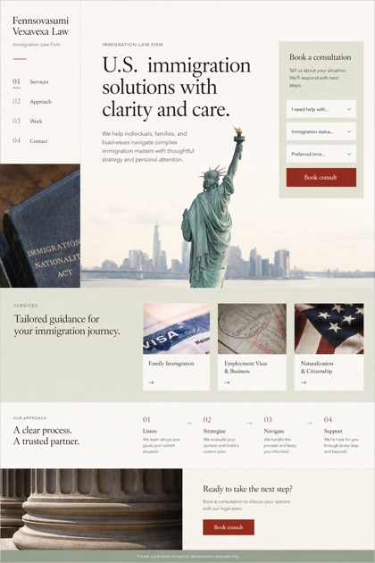 Legal website design for United States, showing a clear opening, service information, supporting content, and a focused inquiry action.