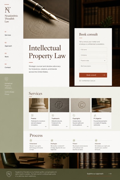 Legal website design for United States, showing a clear opening, service information, supporting content, and a focused inquiry action.