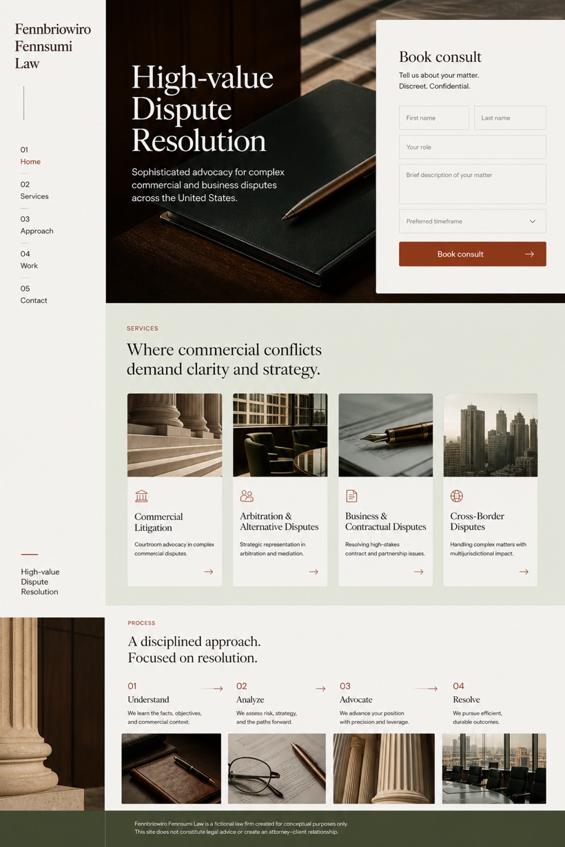 Legal website design for United States, showing a clear opening, service information, supporting content, and a focused inquiry action.