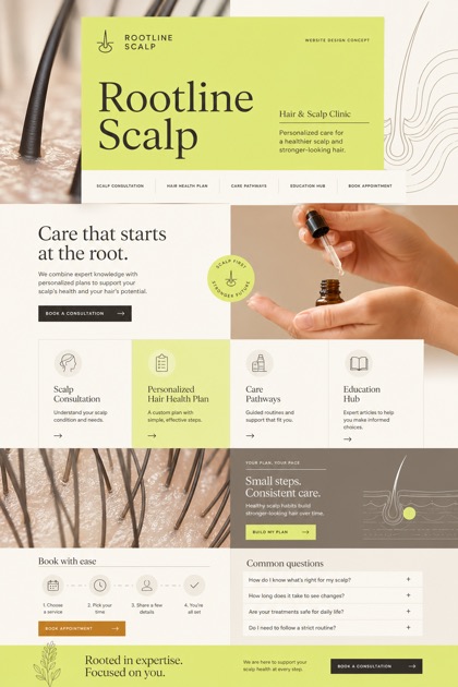 Fictional Rootline Scalp website concept with chartreuse masthead, macro scalp imagery, care pathway cards, education hub, FAQ, and consultation flow