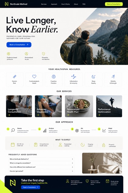 Fictional Northvale Method Longevity and preventive medicine website design showcase with a complete 2:3 page layout, service sections, practical information, and contact action