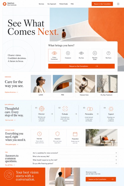 Fictional Aperture Eye Institute Ophthalmology and vision correction website design showcase with a complete 2:3 page layout, service sections, practical information, and contact action