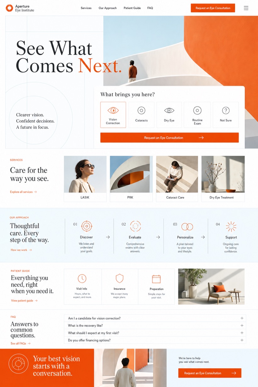 Fictional Aperture Eye Institute Ophthalmology and vision correction website design showcase with a complete 2:3 page layout, service sections, practical information, and contact action