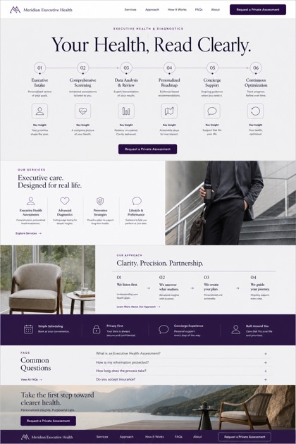 Fictional Meridian Executive Health Executive health and diagnostics website design showcase with a complete 2:3 page layout, service sections, practical information, and contact action