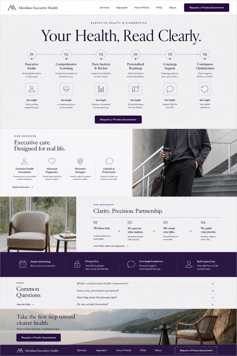 Fictional Meridian Executive Health Executive health and diagnostics website design showcase with a complete 2:3 page layout, service sections, practical information, and contact action