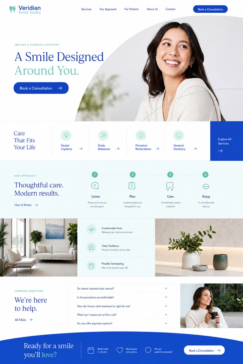 Fictional Veridian Smile Studio Implant and cosmetic dentistry website design showcase with a complete 2:3 page layout, service sections, practical information, and contact action