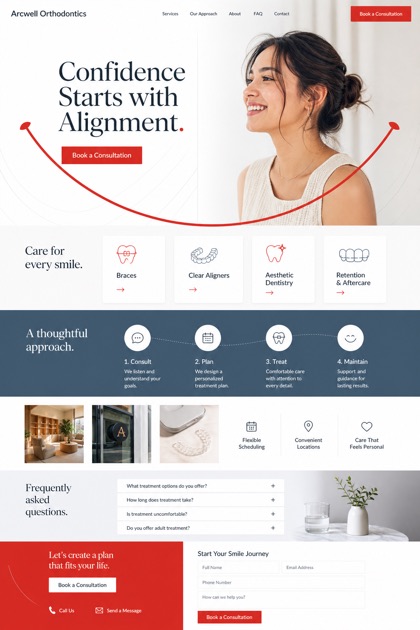 Fictional Arcwell Orthodontics Orthodontics and aesthetic dentistry website design showcase with a complete 2:3 page layout, service sections, practical information, and contact action
