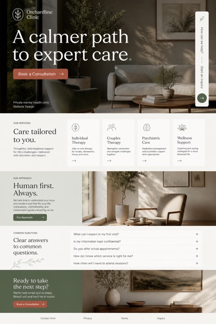 Fictional Orchardline Clinic Private mental health clinic website design showcase in a 2:3 layout with service sections, FAQ, and inquiry action