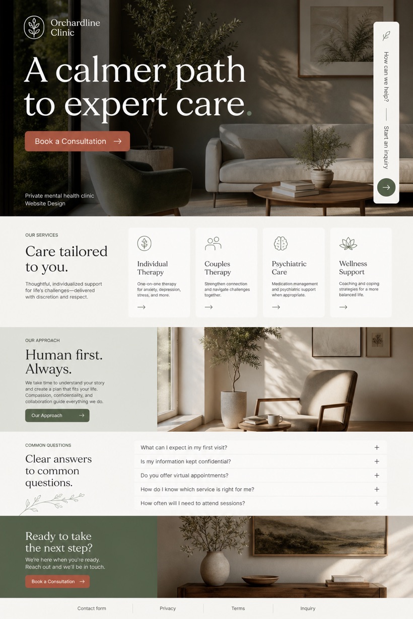 Fictional Orchardline Clinic Private mental health clinic website design showcase in a 2:3 layout with service sections, FAQ, and inquiry action