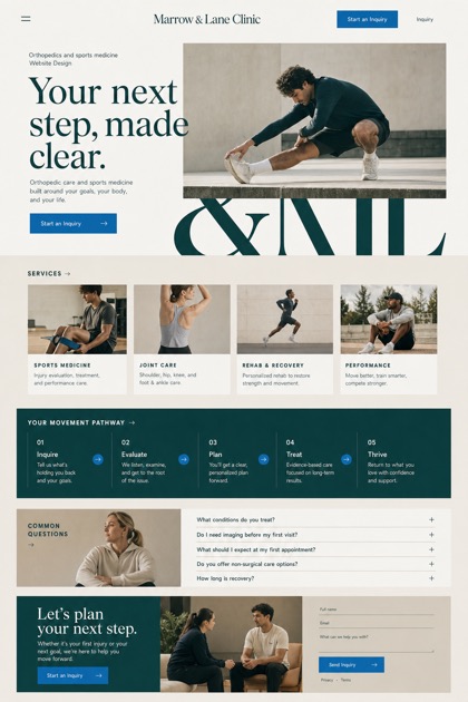 Fictional Marrow & Lane Clinic Orthopedics and sports medicine website design showcase in a 2:3 layout with service sections, FAQ, and inquiry action