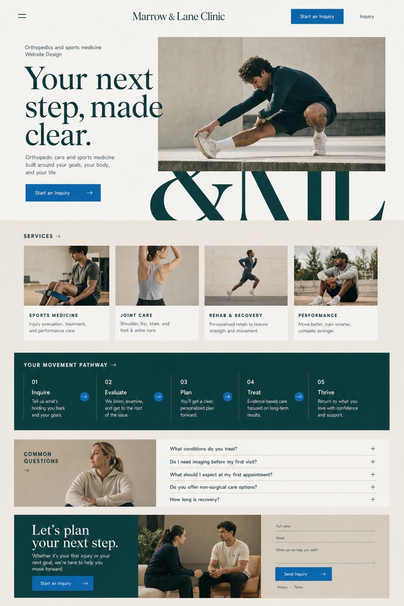 Fictional Marrow & Lane Clinic Orthopedics and sports medicine website design showcase in a 2:3 layout with service sections, FAQ, and inquiry action