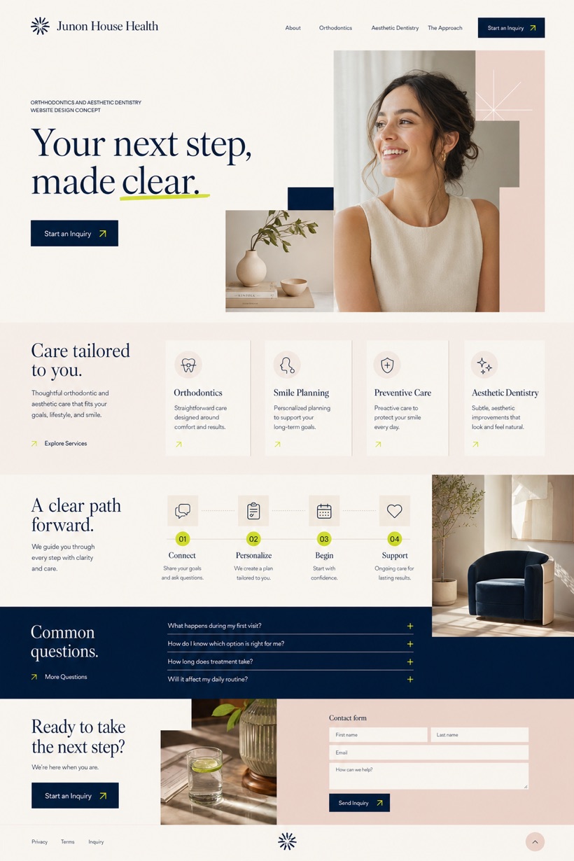 Fictional Junon House Health Orthodontics and aesthetic dentistry website design showcase in a 2:3 layout with service sections, FAQ, and inquiry action