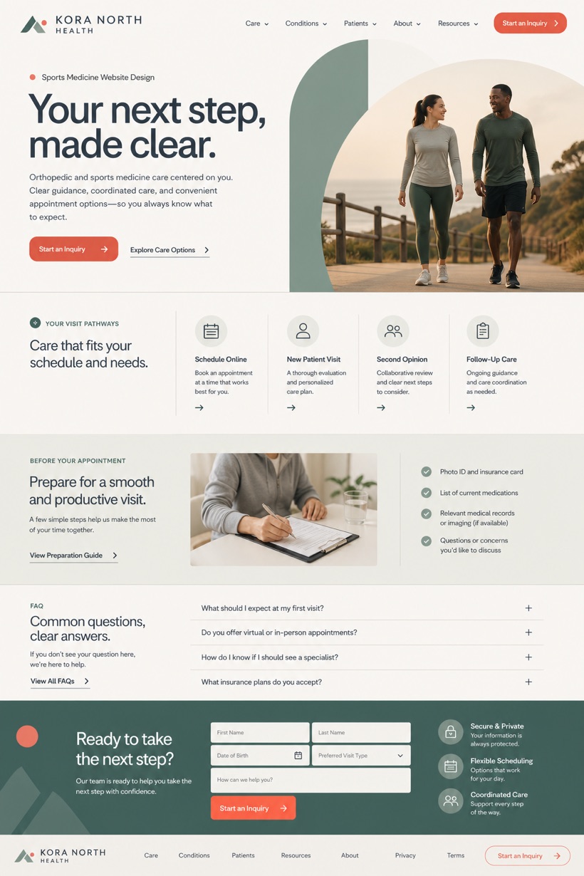 Fictional Kora North Health Orthopedics and sports medicine website design showcase in a 2:3 layout with service sections, FAQ, and inquiry action