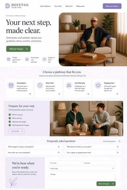 Fictional Dovetail Centre Orthodontics and aesthetic dentistry website design showcase in a 2:3 layout with service sections, FAQ, and inquiry action