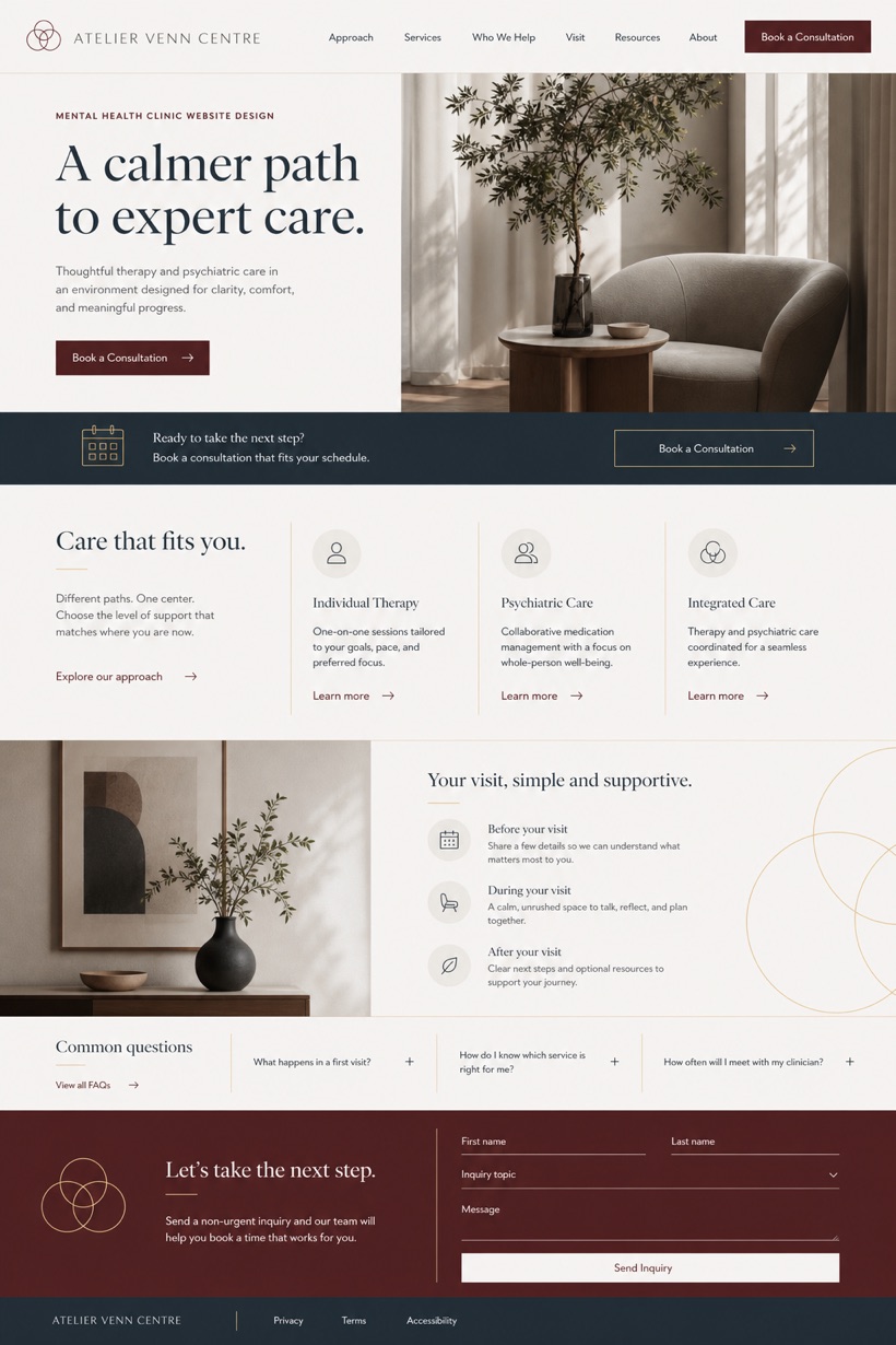 Fictional Atelier Venn Centre Private mental health clinic website design showcase in a 2:3 layout with service sections, FAQ, and inquiry action