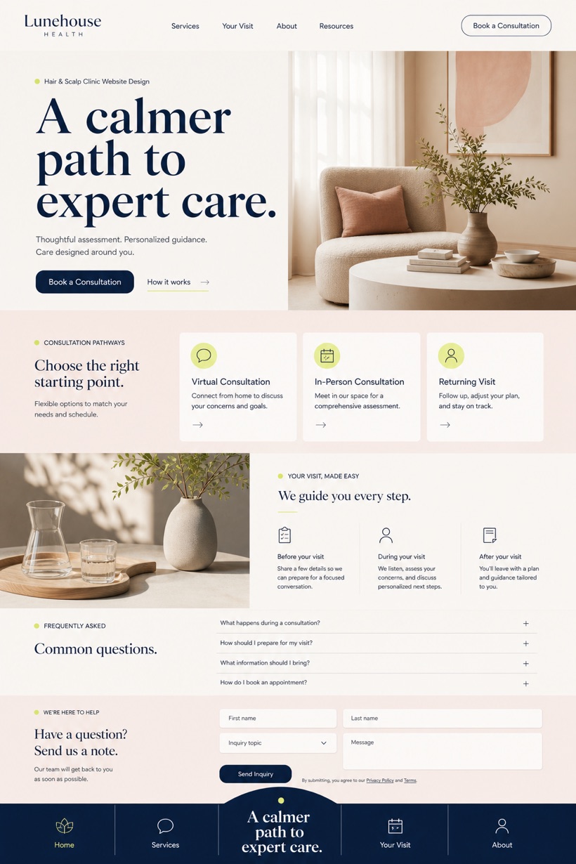 Fictional Lunehouse Health Hair and scalp clinic website design showcase in a 2:3 layout with service sections, FAQ, and inquiry action