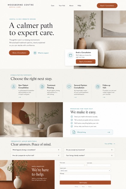 Fictional Mossborne Centre Implant and cosmetic dentistry website design showcase in a 2:3 layout with service sections, FAQ, and inquiry action