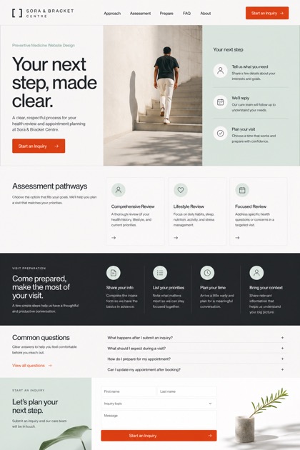 Fictional Sora & Bracket Centre Longevity and preventive medicine website design showcase in a 2:3 layout with service sections, FAQ, and inquiry action