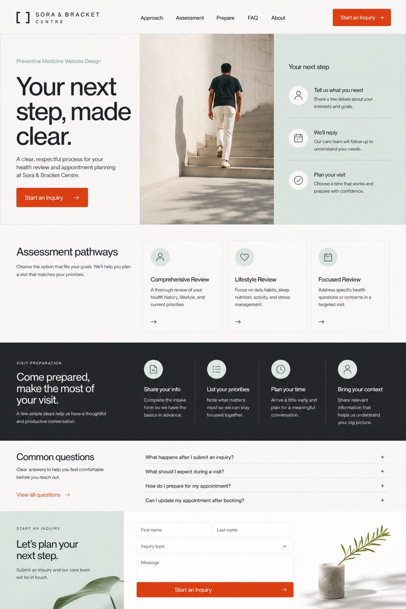 Fictional Sora & Bracket Centre Longevity and preventive medicine website design showcase in a 2:3 layout with service sections, FAQ, and inquiry action
