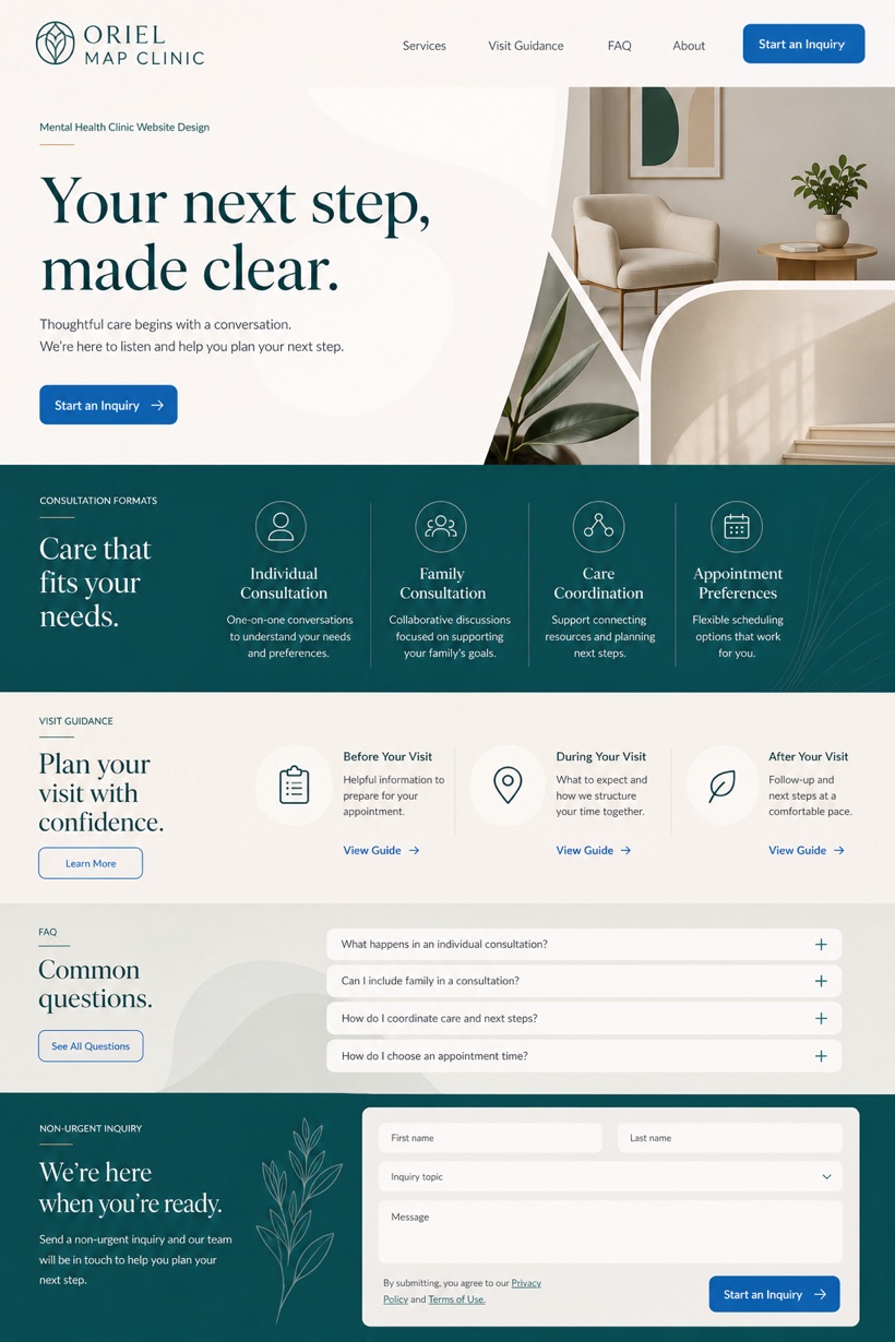 Fictional Oriel Map Clinic Private mental health clinic website design showcase in a 2:3 layout with service sections, FAQ, and inquiry action