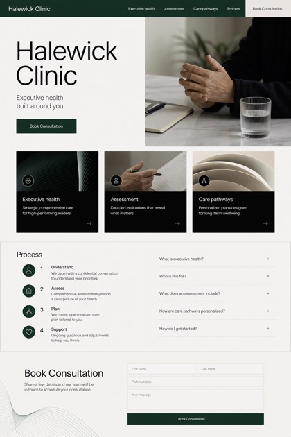 Healthcare website design for United States, showing a clear opening, service information, supporting content, and a focused inquiry action.