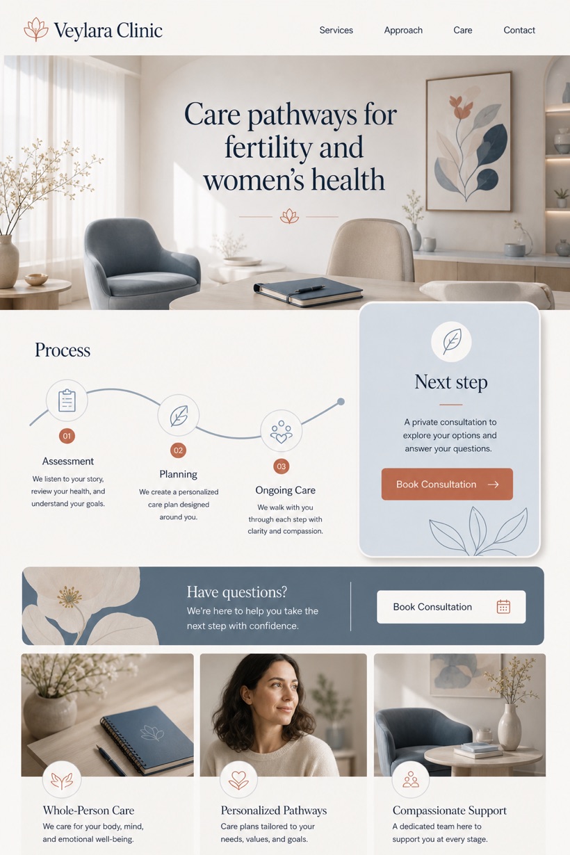 Healthcare website design for United States, showing a clear opening, service information, supporting content, and a focused inquiry action.
