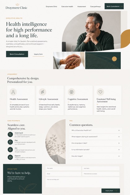 Healthcare website design for United States, showing a clear opening, service information, supporting content, and a focused inquiry action.