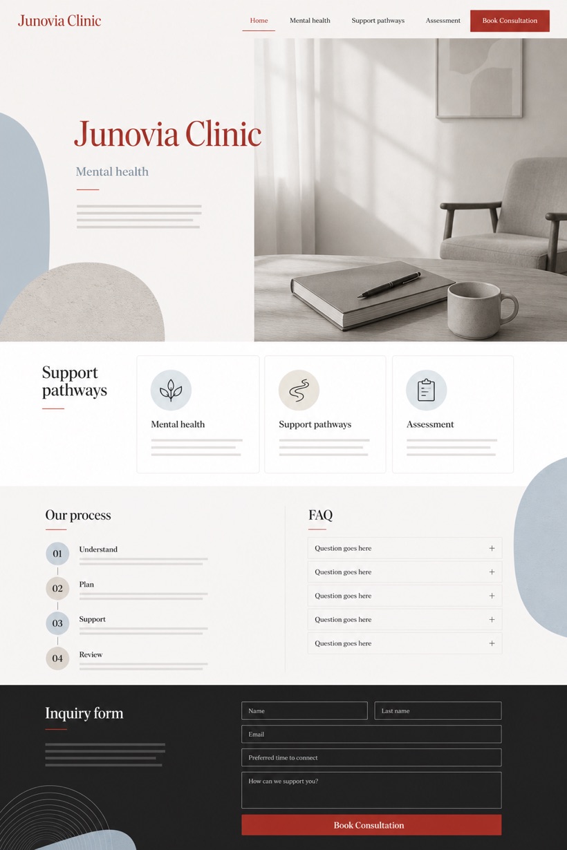 Healthcare website design for United States, showing a clear opening, service information, supporting content, and a focused inquiry action.