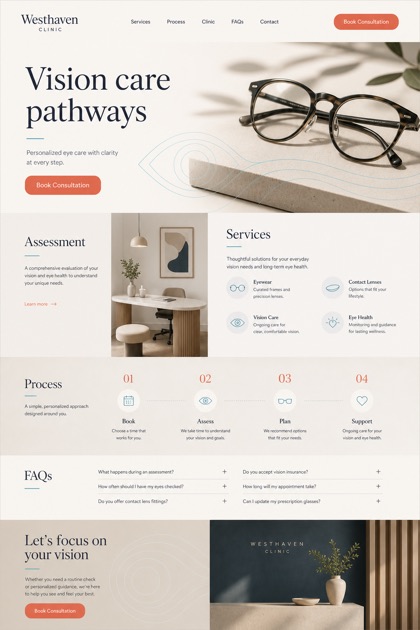 Healthcare website design for United States, showing a clear opening, service information, supporting content, and a focused inquiry action.