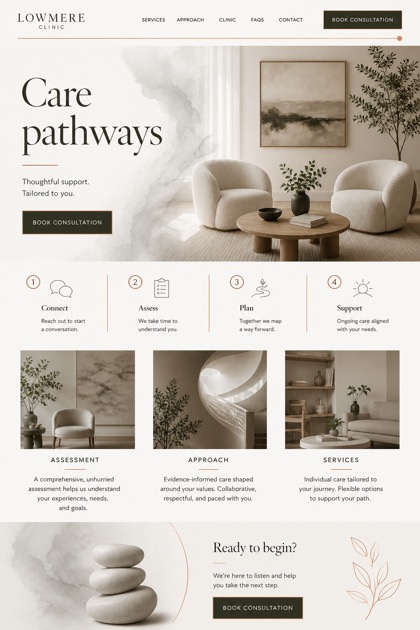 Healthcare website design for United States, showing a clear opening, service information, supporting content, and a focused inquiry action.