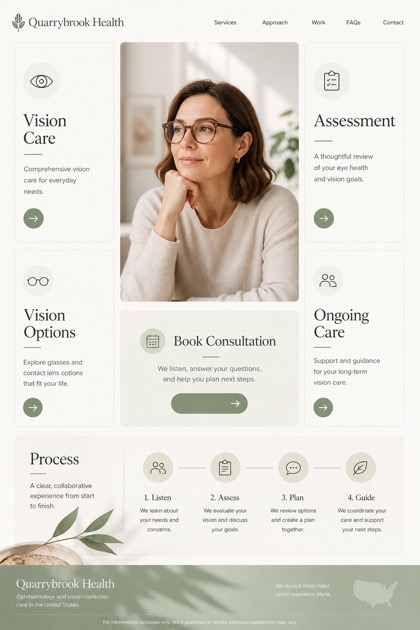 Healthcare website design for United States, showing a clear opening, service information, supporting content, and a focused inquiry action.