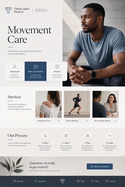 Healthcare website design for United States, showing a clear opening, service information, supporting content, and a focused inquiry action.
