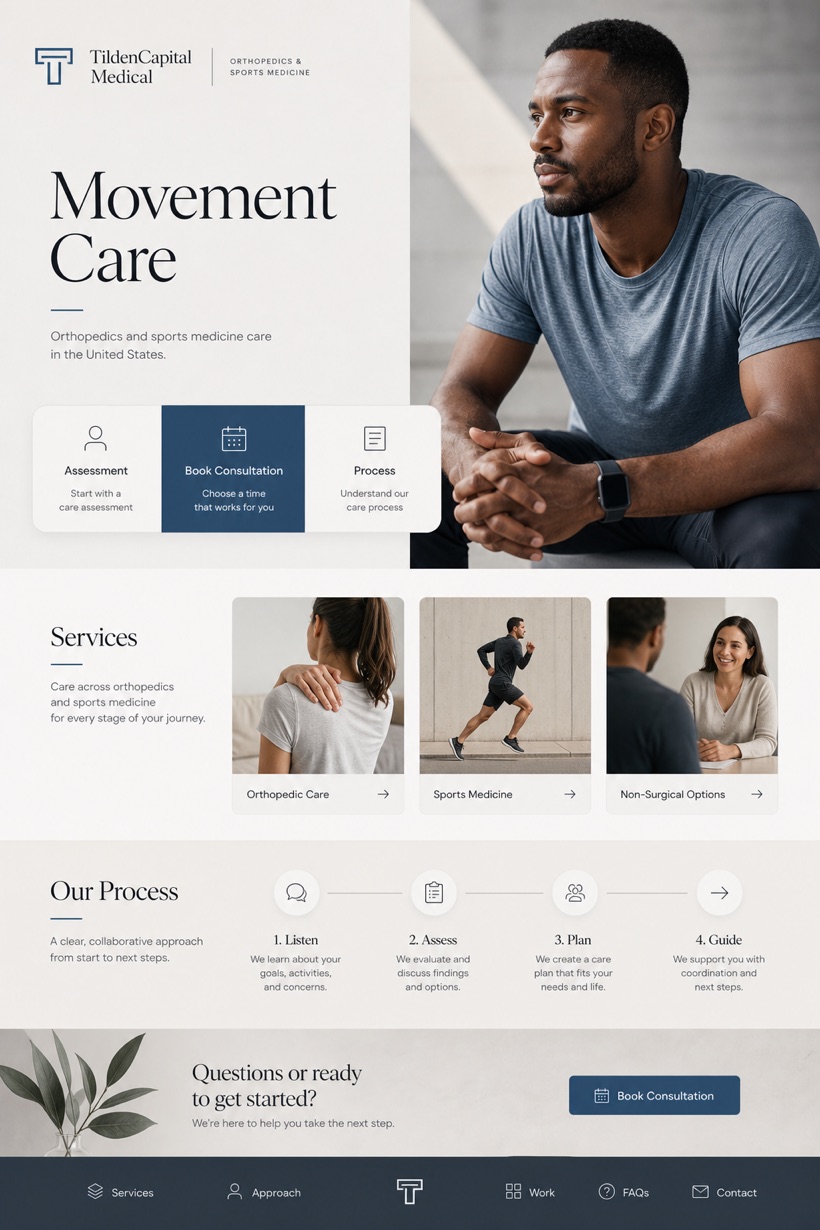 Healthcare website design for United States, showing a clear opening, service information, supporting content, and a focused inquiry action.