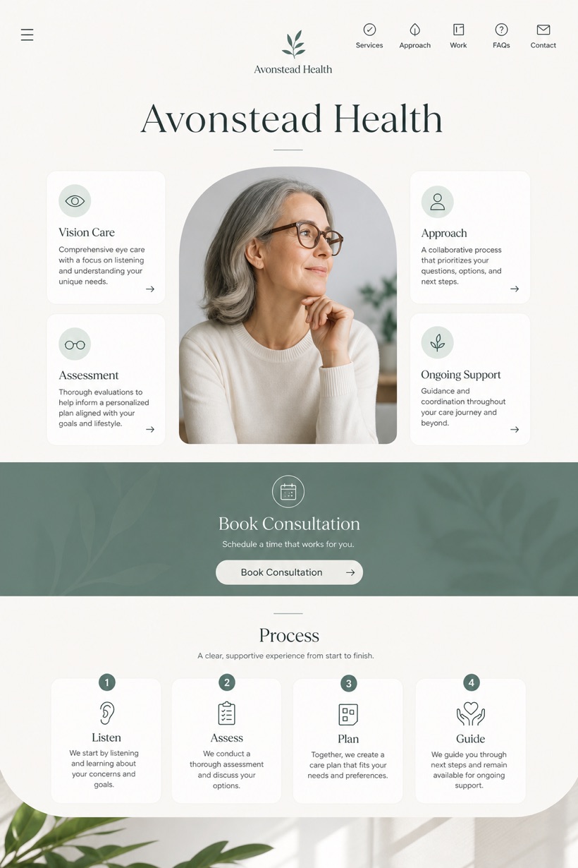 Healthcare website design for United States, showing a clear opening, service information, supporting content, and a focused inquiry action.