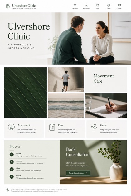 Healthcare website design for United States, showing a clear opening, service information, supporting content, and a focused inquiry action.