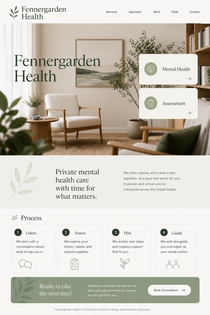Healthcare website design for United States, showing a clear opening, service information, supporting content, and a focused inquiry action.