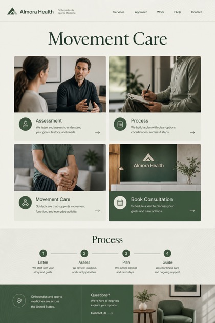 Healthcare website design for United States, showing a clear opening, service information, supporting content, and a focused inquiry action.