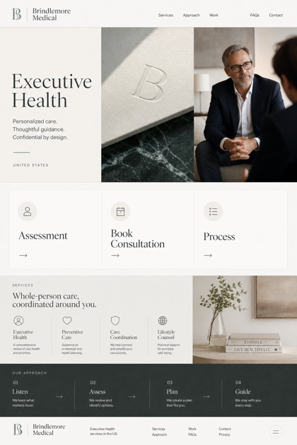 Healthcare website design for United States, showing a clear opening, service information, supporting content, and a focused inquiry action.