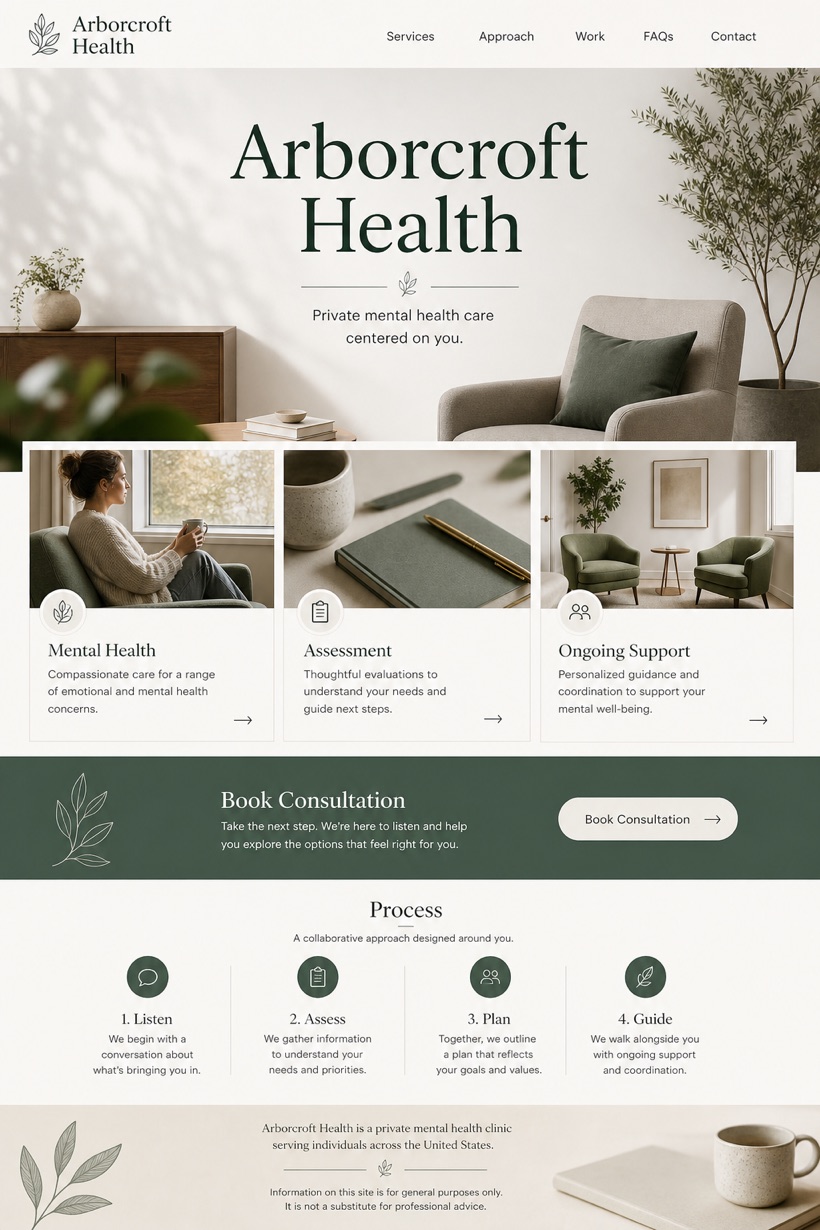 Healthcare website design for United States, showing a clear opening, service information, supporting content, and a focused inquiry action.